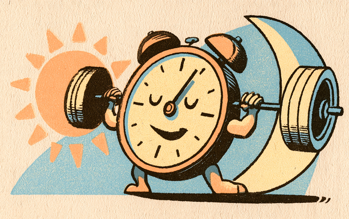 Cartoon alarm clock lifting a barbell between the sun and the moon