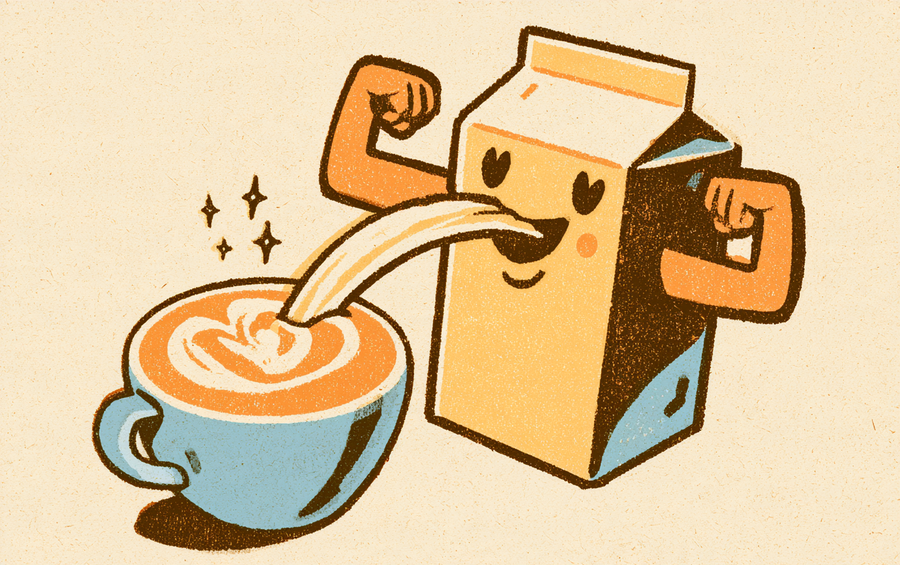 Cheerful milk carton flexing and pouring milk into a latte