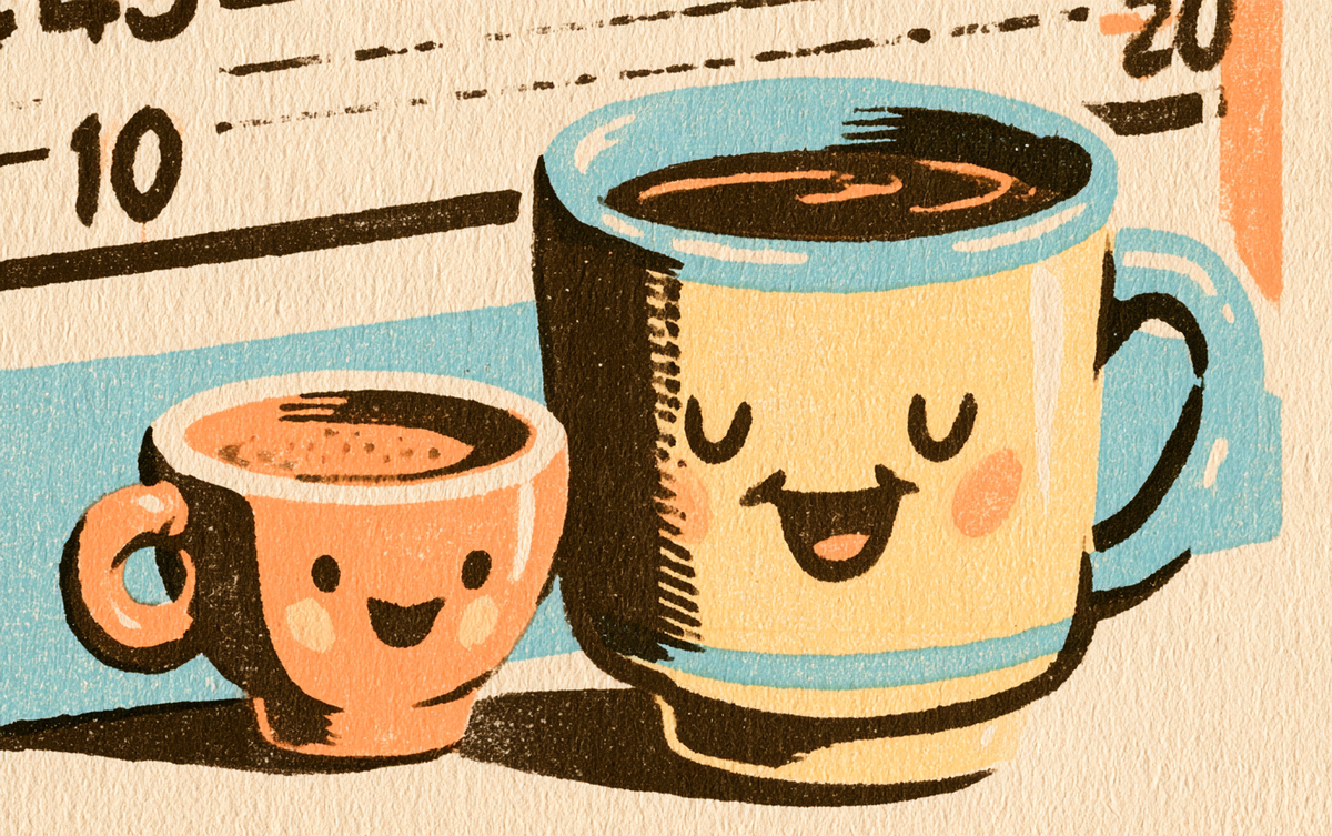 Cartoon espresso cup and tall mug of drip coffee side by side
