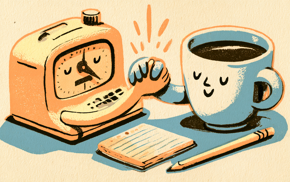 Cartoon kitchen timer and coffee cup high-fiving over a notepad
