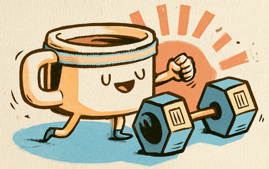 Cartoon coffee cup in a sweatband stretching beside a dumbbell at sunrise