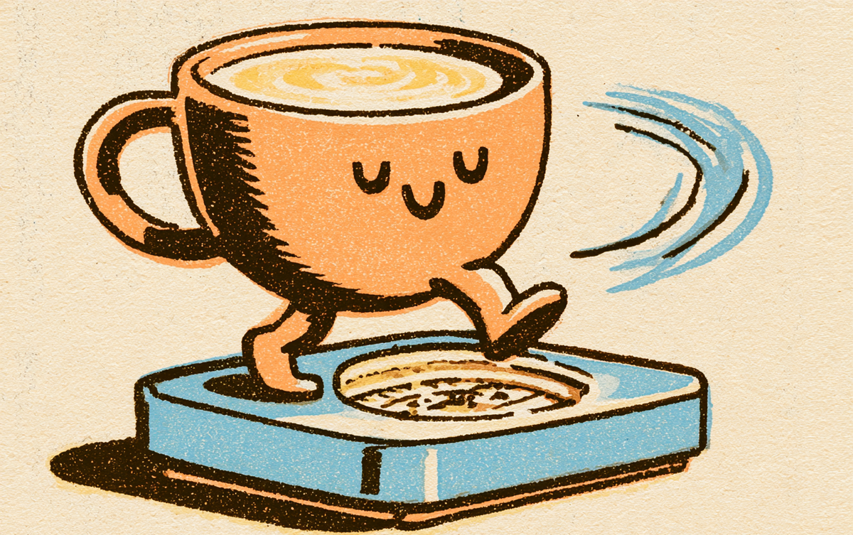 Cartoon latte cup stepping onto a vintage bathroom scale