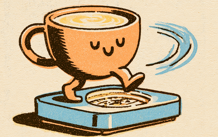 Cartoon latte cup stepping onto a vintage bathroom scale