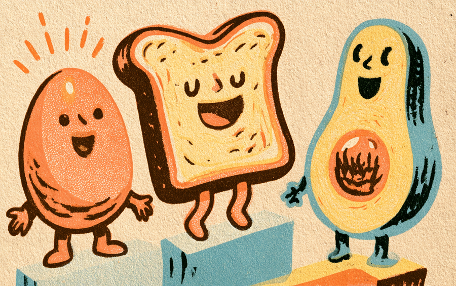 Cartoon egg, toast and avocado standing on a podium
