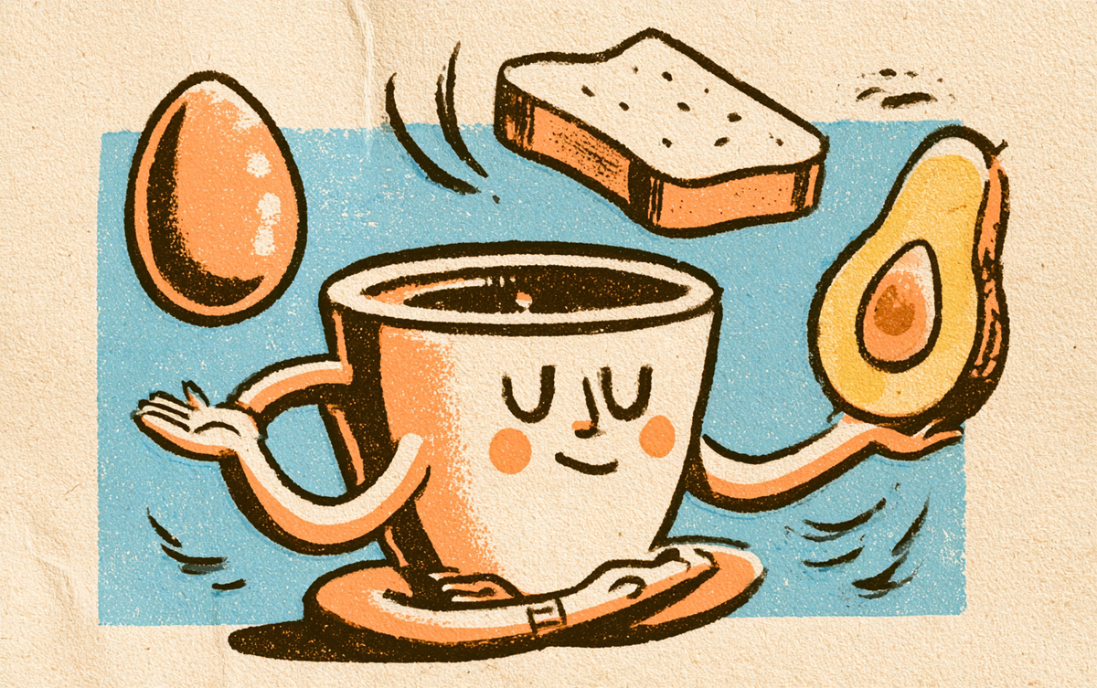 Calm cartoon coffee cup juggling an egg, toast and an avocado