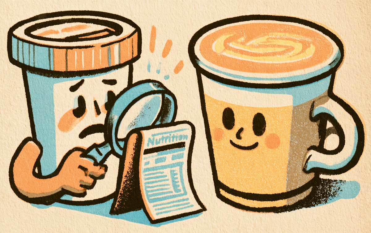 Worried takeout cup reading a nutrition label beside a confident latte