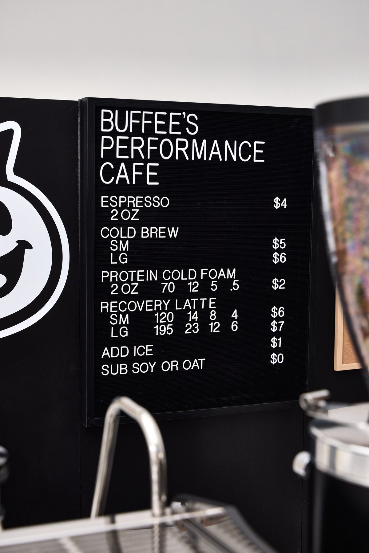 The Buffee's menu board with macros for every drink